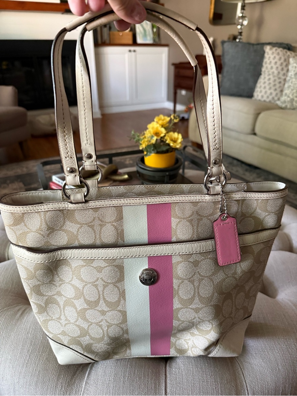 Coach Beige Signature Tote with Pink Center Stripe